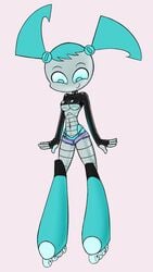 black_shirt blue_eyes blue_panties excited jean_shorts jenny_wakeman my_life_as_a_teenage_robot nickelodeon robot robot_girl roller_skates shirt_lift shirt_up small_breasts smiling smooth_skin underboob velenor xj-9 xj9