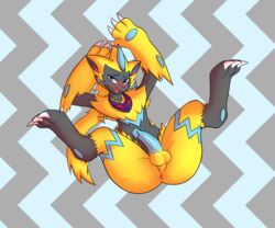 1boy 2018 anglo anthro anus ass bandana blue_background blue_eyes blue_fur blue_penis blush claws digital_media_(artwork) erection feet feline fur furry grey_background humanoid_penis kalani_(purplebird) lying male male_only mammal nintendo nude open_mouth pattern_background pawpads paws penis pokémon_(species) pokemon pokemon_usm simple_background solo testicles tongue video_games wide_hips yellow_fur zeraora