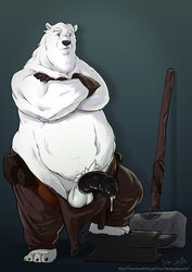 anthro anvil balls bear belly big_belly black_nose brown_eyes clothing crossed_arms deadlysinnersloth fur gloves half-erect hammer leaking male male_only mammal musclegut muscular muscular_male overweight overweight_male pants penis polar_bear precum smile smirk solo tools uncut white_fur