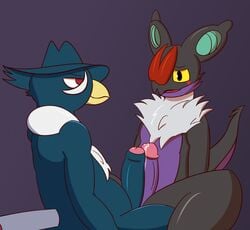 2018 2boys avian bird blush dabelette digital_media_(artwork) dragon erection frottage fur gay honchkrow humanoid_penis interspecies male male_only nintendo noivern penis pokémon_(species) pokemon pokemon_(species) pokemon_dppt pokemon_xy precum scalie simple_background sitting spread_legs spreading uncut video_games yaoi