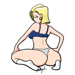 android_18 back_view dragon_ball dragon_ball_z female looking_over_shoulder pooph solo squatting thong