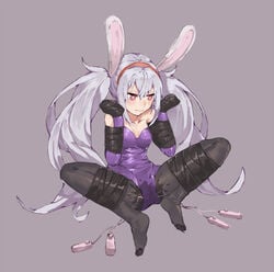 amiba_(amiba00638239) animal_ears azur_lane bare_shoulders bitchsuit black_legwear blush bondage bound bound_arms bound_legs breasts bunny_ears bunnysuit closed_mouth clothing collarbone controller elbow_gloves female full_body gloves hairband hands_up heart heart-shaped_pupils laffey_(azur_lane) leotard long_hair medium_breasts pantyhose pink_eyes purple_background purple_gloves purple_leotard pussy_juice red_hairband remote_control remote_control_vibrator shiny shiny_clothes silver_hair simple_background sitting solo spread_legs strapless strapless_leotard symbol-shaped_pupils tied_hair twintails vibrator vibrator_cord vibrator_under_clothes wet wet_clothes