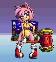 amy_rose areola boots bracelet breasts choker clothing colored detailed_background eyelashes female footwear fur furry furry_only gloves gradient_background green_eyes hairband half-closed_eyes hammer hand_on_hip handwear hedgehog jewelry looking_at_viewer mammal mostly_nude naked navel nipples nude piko-piko_hammer piko_piko_hammer pink_fur pose pussy sassy simple_background smile solo sonic_(series) soubriquetrouge tools twindrills video_games wide_hips