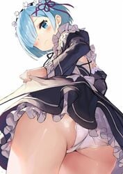 1girls ass blue_eyes blue_hair blush dat_ass dress female gaou hair_ornament hair_over_one_eye hairclip maid maid_headdress matsui_hiroaki panties re:zero_kara_hajimeru_isekai_seikatsu rem_(re:zero) short_hair skirt_lift solo