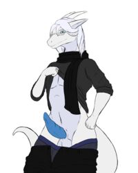 anthro balls blue_eyes blue_penis clothed clothing clothing_lift dragon eyewear frostedscales glasses hair horn long_hair male pants_down partially_clothed penis presenting presenting_penis scales scarf shirt shirt_lift solo transparent_background underwear underwear_down white_hair white_scales