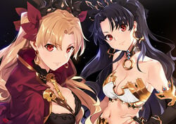 2girls bare_shoulders between_breasts black_background black_hair blonde_hair bow breasts bridal_gauntlets cape cleavage cloak collar collarbone crown detached_collar detached_sleeves dual_persona earrings elbow_gloves ereshkigal_(fate) eyebrows_visible_through_hair fate/grand_order fate_(series) female female_only fingerless_gloves gloves hair_ribbon hairbow hand_on_hip hood hooded_cloak hoodie ishtar_(fate) jewelry long_hair looking_at_viewer medium_breasts midriff multiple_girls navel pointy_chin red_eyes revealing_clothes ribbon simple_background single_elbow_glove skull smile strapless tohsaka_rin tubetop twintails two_side_up type-moon yang-do