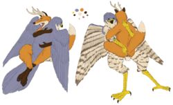 2018 anal anthro antlers ass avian balls beak bird canine duo embrace falcon feathers fox fur gloves_(marking) hi_res hooves horn hybrid looking_pleasured male mammal markings open_mouth penetration penis peregrine_falcon sex shabnack_(artist) simple_background talons wings yaoi