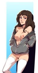 1girls bare_shoulders blue_eyes bottomless breasts breasts_out brown_hair d-rex exposed_breasts female hands_in_pockets hoodie human looking_at_viewer medium_breasts no_bra no_panties no_underwear open_clothes open_hoodie pussy solo thighhighs