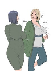 ! 2girls black_hair blonde_hair boruto:_naruto_next_generations breasts clothed dress english_text erect_nipples female female_only huge_breasts hyuuga_hinata multiple_girls naruto text tsunade white_background wide_hips zetomeso