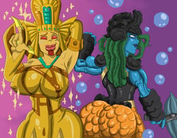 2girls ass ass_to_ass big_ass big_breasts big_lips blank_eyes blue_skin breasts bubbles clothed gold_skin golden_queen green_hair loonyjams nipples no_humans red_eyes skylanders skylanders:_imaginators skylanders:_trap_team thick_thighs tidepool_(skylanders)