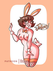 1girls bad_perspective bunny_ears bunny_girl bunny_tail collar convenient_censoring cryptidcreampie cuff_links dots female female_only fishnet_stockings freckles glasses hanna-barbera naked_stockings nipples scooby-doo signature solo speech_bubble tagme text velma_dinkley