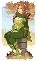 cleavage dota dota_2 female green_eyes hands_on_knees human lyralei midriff nose piercing red_hair sitting solo splashbrush windranger