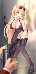 ahoge alternate_costume aviator_sunglasses bangs bar_censor black_dress black_footwear black_gloves black_legwear blonde_hair blurry blurry_background blush breasts breathing censored cleavage clitoris_leash clitoris_piercing dress eyebrows_visible_through_hair eyewear_on_head female girls'_frontline gloves green_eyes groin halter_dress hand_on_own_thigh hand_on_wall high_heels holding_string jewelry knees_together_feet_apart large_breasts leaning_forward long_hair looking_away m1918_bar_(girls_frontline) napalmbit necklace night no_bra no_panties open_mouth outdoors pov pov_hands sidelocks sleeveless sleeveless_dress sunglasses sweat thighhighs thighs very_long_hair vibrator