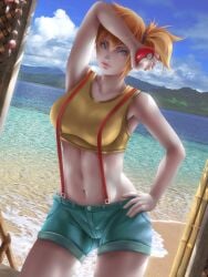 armpits asymmetrical_hair bangs bare_shoulders blue_eyes blue_shorts blue_sky breasts clavicle clothing crop_top denim denim_shorts extremely_large_filesize female high_resolution holding holding_object holding_poke_ball kasumi_(pokemon) large_filesize long_hair medium_breasts midriff navel orange_hair poke_ball poke_ball_(basic) pokemon pokemon_(anime) pokemon_(classic_anime) pokemon_rgby ponytail shirt short_shorts shorts side_ponytail sky solo suspender_shorts suspenders tank_top thighs tied_hair tomboy very_high_resolution water xredmhar yellow_shirt yellow_tank_top