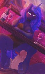 2018 absurd_res alcohol anthro anthrofied balls beverage breasts chest_tuft clothing dimwitdog drunk duo equine female female_focus friendship_is_magic hair hasbro hi_res hoof_fetish hoofjob_(hindlimbs) horn human humanoid_penis inside long_hair looking_at_viewer male mammal my_little_pony penis princess_luna_(mlp) solo_focus straight tuft unicorn wine wine_bottle wine_glass