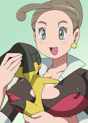 1girls alexa_(pokemon) ambiguous_gender artist_request blush breasts brown_hair busty cleavage clothed female green_eyes helioptile huge_breasts human interspecies nintendo nude paizuri pokemon pokemon_xy pokephilia scalie short_hair size_difference