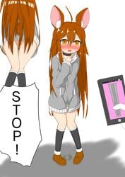 absurdres ahoge animal_ears between_legs black_choker black_legwear blush boots bottomless brown_footwear cellphone choker clenched_hand clothing controller convenient_censoring disembodied_limb embarrassed english_text ero_nezumi eyebrows_visible_through_hair female flat_chest from_behind full_body grey_sweater hair_censor hand_between_legs hand_up have_to_pee highres jpeg_artifacts kneehighs knees_together_feet_apart long_hair long_sleeves multiple_views nose_blush object_insertion open_mouth orange_eyes orange_hair original partially_visible_vulva peeing peeing_self phone pigeon-toed pussy remote_control shiny shiny_hair speech_bubble standing sweater tail talking tears text_focus vaginal_object_insertion vaginal_penetration very_long_hair vibrator