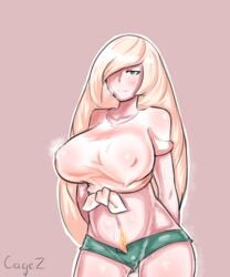 1girls aether_foundation areolae arms_behind_back belly big_breasts blonde_hair blush cagez clothed cosplay curvy erect_nipples female female_only green_eyes hair_over_one_eye half-closed_eyes heavy_breathing huge_breasts long_hair lusamine_(pokemon) midriff milf mother navel pokemon pokemon_sm pubic_hair shirt shorts smile solo standing text watermark