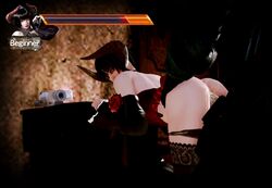 3d bent_over black_hair camera clothed_sex cum_in_pussy cum_on_ass cum_on_penis defeated eliza_(tekken) health_bar high_heels honey_select horns looking_back panties_around_legs panties_down rape red_dress sauwrcream stockings tekken tekken_7