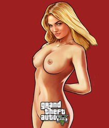 blonde_hair breasts collarbone grand_theft_auto grand_theft_auto_v grey_eyes gtav_cover_girl logo looking_at_viewer medium_breasts naked necklace red_background smile smiling standing