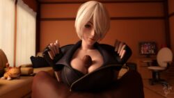 1boy 1girls 3d angel_(kof) blender blue_eyes cleavage female king_of_fighters large_breasts looking_at_viewer male male_pov paizuri paizuri_under_clothes penis pov short_hair snow_kitsune white_hair xnalara