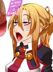 1boy 1girls after_fellatio belu blonde_hair censored erect_nipples female half-closed_eyes horny_female hypnotized long_hair mind_control open_mouth penis purple_eyes saliva saliva_on_face saliva_string sword_art_online tongue_out white_background yuuki_asuna