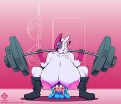 1boy 1girls anthro arfventurer breasts exercise eyepatch female furry hyper hyper_breasts jess_(capdocks) muscular nipples pokémon_(species) pokemon pokemon_(species) size_difference squatting weightlifting zangoose