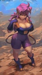 1girls 2018 armor artist_name ass battle_armor big_ass big_breasts blue_sky bodysuit boots breasts busty canyon cleavage clothed clothing cloud curvaceous curvy curvy_body curvy_female curvy_figure curvy_hips cutesexyrobutts detailed_background dragon_ball dragon_ball_xenoverse fan_character female female_focus female_only female_saiyan gloves green_eyes hair hips hourglass_figure huge_breasts large_breasts legs light-skinned_female light_skin long_hair navel oc original_character pink_bodysuit pink_hair purple_armor purple_boots purple_gloves saiyan saiyan_armor saiyan_tail skin_tight sky solo solo_female solo_focus spiky_hair sweat tail thick_thighs thighs voluptuous wide_hips