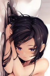 1girls black_hair blank_eyes blue_eyes blush female female_focus female_only illust indoors laying laying_on_side long_hair on_bed pillow senji solo solo_focus