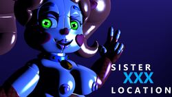 1girls 3d animatronic baby_(fnafsl) breasts circus_baby circus_baby_(fnaf) collar female female_only five_nights_at_freddy's five_nights_at_freddy's:_sister_location glowing_eyes green_eyes humanoid looking_at_viewer machine nipples nude peace_sign robot scene_interpretation sexbot_circus_baby sister_location source_filmmaker video_games yaboiscout