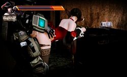 3d bent_over black_hair camera clothed_sex cum_in_pussy cum_on_ass cum_on_penis defeated eliza_(tekken) health_bar honey_select horns looking_back panties_around_legs panties_down rape red_dress sauwrcream stockings tekken tekken_7