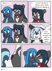 2018 anthro black_fur blue_eyes blue_fur blue_hair blue_nose blush canine closed_eyes comic dialogue dimitri_(xelaaredn) english_text female fiona_(artist) fur grey_fur hair husky jeanette_(xelaaredn) male mammal mephitid nipples nude purple_eyes skunk straight text veronica_(natani) white_fur young yuri