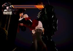 3d bent_over black_hair clothed_sex cum_in_pussy cum_on_ass cum_on_penis defeated eliza_(tekken) health_bar honey_select horns looking_back panties_around_legs panties_down rape red_dress sauwrcream stockings tekken tekken_7