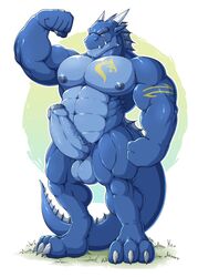 1boy 2018 abs anthro balls biceps big_muscles big_pecs blue_penis blue_skin claws erection eye_scar facial_scar fin fist flexing foreskin front_view glans gojho head_fin horn humanoid_penis male male_only muscular muscular_male nipples nude pecs penis precum presenting quads scar serratus simple_background solo standing tail_fin triceps vein veiny_penis