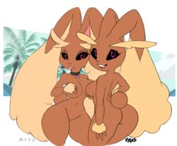 2girls anthro artz ass big_breasts big_ears big_eyes black_sclera breasts brown_fur buckteeth collar covering covering_self duo eyelashes female female_only floppy_ears fur furry furry_only heart huge_ears lagomorph long_ears looking_at_viewer looking_back lopunny mammal navel nintendo nude open_mouth open_smile pink_eyes pink_nose pink_tongue pokémon_(species) pokemon pokemon_(species) pussy short_tail smile tail tan_fur teeth text thick_thighs tongue tongue_out video_games watermark wide_hips xylas