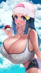 1girls aged_up alternate_breast_size alternate_version_available blue_eyes blue_hair breasts dawn_(pokemon) female hat huge_breasts light-skinned_female light_skin long_hair massive_breasts nintendo outdoors pokemon pokemon_dppt sumisumii tank_top wet wet_body