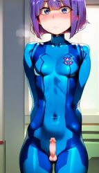 1boy 1femboy adorable ai_generated blue_clothing blush blushing_male bodysuit cock cosplay cute cute_face femboy feminine feminine_body feminine_male feminization feminized_male kobayashi-san_chi_no_maidragon light-skinned_femboy light-skinned_male light_skin magatsuchi_shouta penis purple_eyes purple_hair samus_aran samus_aran_(cosplay) short_hair shy skinny skinny_male slim slim_male small_cock small_penis thin thin_male tiny_penis zero_suit