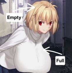 1girls :) ahoge arcueid_brunestud arms_behind_back big_breasts blonde_hair breast_expansion breast_focus breasts_bigger_than_head edit edited edited_image english_text enormous_breasts happy huge_breasts large_breasts leaning_forward looking_at_viewer meme necklace red_eyes short_hair smile sweater text tsukihime tsukihime_(remake) turtleneck_sweater upper_body vampire_girl