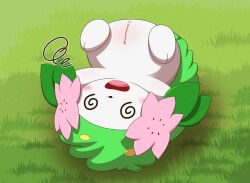 anus blush dizzy female female_feral feral generation_4_pokemon genitals green_body hi_res land_forme_shaymin legendary_pokemon minami_(artist) nintendo pokemon pokemon_(species) pussy shaymin solo spiral_eyes upside-down white_body