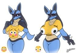 1girls 2025 4_fingers absurd_res anthro artist_name big_breasts black_body black_fur black_inner_ear blue_body blue_ears blue_fur blue_tail bodily_fluids bottomless bottomless_anthro bottomless_female breasts clothed clothing cross-popping_vein digital_media_(artwork) emoji emoji_clothing eyebrows eyelashes featureless_breasts featureless_crotch female female_anthro fingers flushed_emoji_shirt front_view fur furry generation_4_pokemon gloves_(marking) hand_spike head_tuft hi_res holding_clothing holding_object holding_shirt holding_t-shirt holding_topwear huge_breasts looking_at_clothing looking_at_object looking_at_viewer lucario markings meme multicolored_body multicolored_ears multicolored_fur neck_tuft nintendo nude nude_anthro nude_female nude_to_clothed partially_clothed partially_clothed_anthro partially_clothed_female pink_eyes pokemon pokemon_(species) pupils raised_eyebrow shirt simple_background solo spikes spikes_(anatomy) sprinkles_(artist) standing sweat t-shirt tail text thick_thighs topwear tuft white_background wide_hips yellow_body yellow_clothing yellow_fur yellow_shirt yellow_t-shirt yellow_topwear