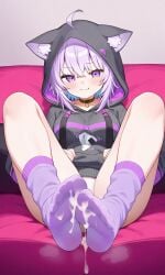 ai_generated cum_on_feet cum_on_socks hololive hoodie nekomata_okayu purple_socks semen_on_feet smirk socks