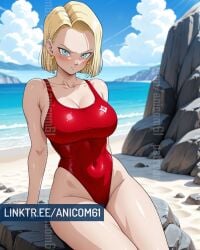 2025 ai_generated android18dx android_18 angry_at_viewer anicom61 anime beach_background blonde_eyebrows blonde_hair_female blue_eyes_female closed_mouth crunchyroll dragon_ball female hands_on_rock instagram looking_at_viewer mad_at_viewer manga meta mouth_closed red_cheeks red_swimsuit sitting_on_rock toei_animation yellow_earrings