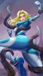 absurdres anarchyart ass blonde_hair blue_eyes bodysuit breasts covered_nipples energy fanbox_username fantastic_four female from_below highres long_hair looking_down marvel marvel_rivals nipple_bulge paid_reward_available patreon_username skin_tight smile solo sue_storm superhero_costume teeth twisted_torso