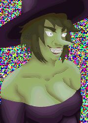 breasts evil_grin green_skin long_nose original_character witch witch_hat