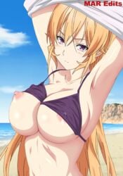 1girls armpits arms_up beach big_breasts blonde_hair bra breasts edit female female_only mar_edits nakiri_erina purple_eyes shokugeki_no_souma solo text water watermark