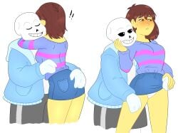 aged_up anthro_on_human blush brown_hair frisk groping_from_behind hoodie jean_skirt panties rainy_(artist) sans skeleton skirt_lift sweatdrop sweater undertale undertale_(series) yellow_skin