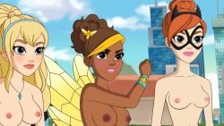 3girls barbara_gordon batgirl bee_wings blonde_female blonde_hair breasts brown_hair buildings bumblebee_(dc) city curly_hair dark-skinned_female dark_skin dc dc_comics dc_super_hero_girls dc_super_hero_girls_g1 eye_mask implied_nudity kara_danvers kara_danvers_(shg) kara_zor-el karen_beecher karen_starr light-skinned_female light_skin mask nipples orange_hair outdoors outside ponchocop ponytail screencap screenshot screenshot_edit supergirl tied_hair topless