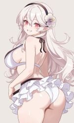 1girls bikini black_hairband blowing_kiss blush breasts cleavage corrin_(female)_(fire_emblem) corrin_(female)_(novice_vacationer)_(fire_emblem) corrin_(fire_emblem) corrin_(fire_emblem)_(female) female female_focus female_only fire_emblem fire_emblem_fates fire_emblem_heroes flower grey_hair hair_between_eyes hair_flower hair_ornament hairband large_breasts long_hair looking_at_viewer n_54 official_alternate_costume pointy_ears red_eyes smile solo swimsuit white_bikini white_hair