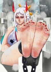 1girls ankle_cuffs big_breasts clothing feet female female_only foot_fetish foot_focus horns one_piece red_toenail_polish red_toenails silver_hair soles soles_female stampnyx sweat sweating sweaty sweaty_feet tagme toenail_polish toenails toes toes_scrunch yamato_(one_piece)