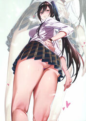 ass bare_legs black_hair blush breasts breath female from_below groin heart high_ponytail highres idolmaster idolmaster_shiny_colors iku_(ikuchan_kaoru) large_breasts legs long_hair long_ponytail looking_down panties pantyshot pantyshot_(standing) parted_lips pink_panties plaid plaid_skirt ponytail pubic_hair pubic_hair_peek school_uniform shirase_sakuya sideboob skirt sleeves_rolled_up smile standing sweat thighs underwear upskirt watch wristwatch yellow_eyes zoom_layer